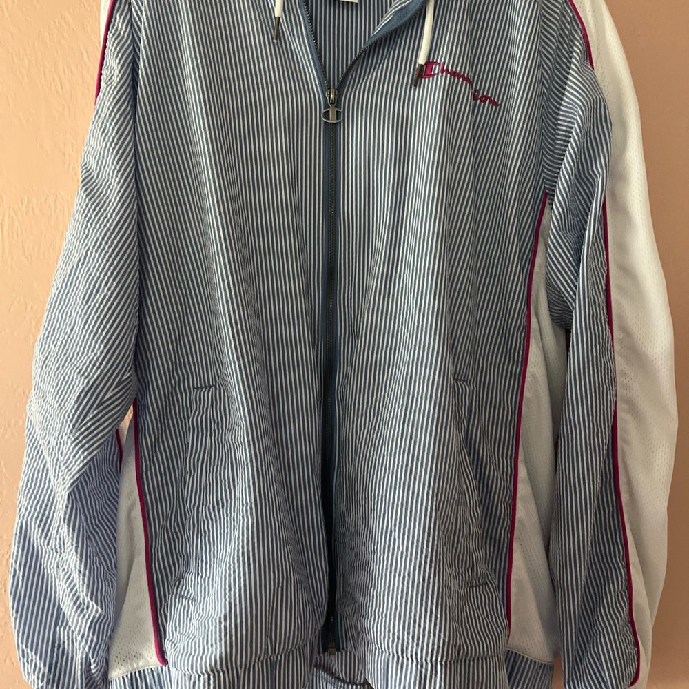 Men's Champion seersucker hooded blue and pink full zip jacket